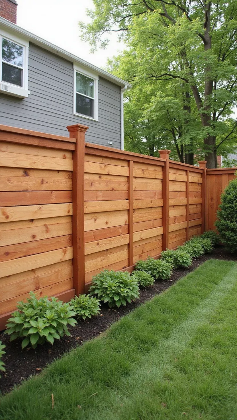 A photo of a typical American home's garden displaying natural cedar rails with reddish-brown coloring and visible wood grain, arranged in horizontal fence construction