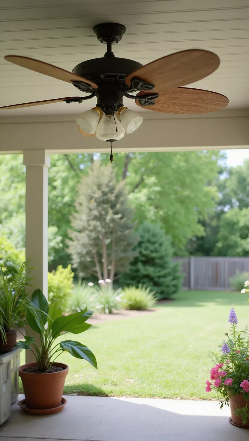 A close-up photo of a typical American home’s garden showing a weather-resistant ceiling fan with wooden blades spinning under a covered patio