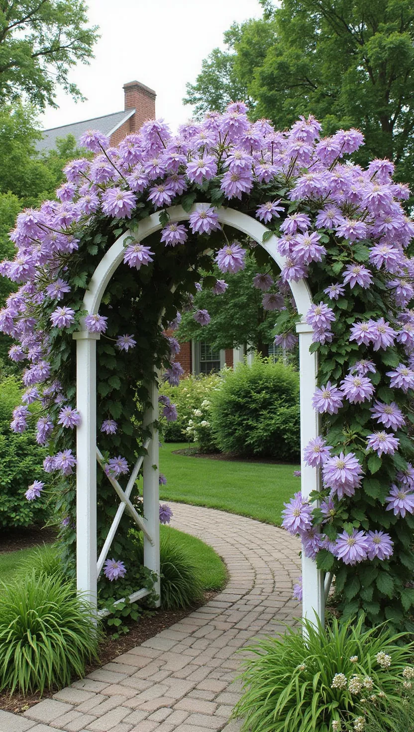 A photo of a typical American home's garden displaying a white arbor completely covered in blooming purple and white clematis flowers, creating a spectacular floral display over a garden path.