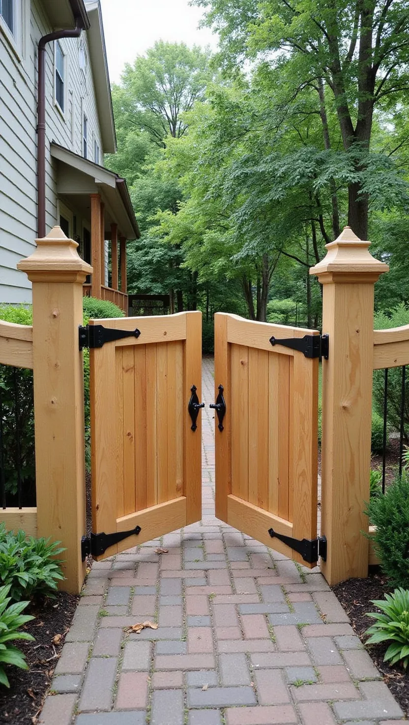 A photo of a typical American home's garden showing two matching gates that open outward, wooden construction with matching hardware and posts
