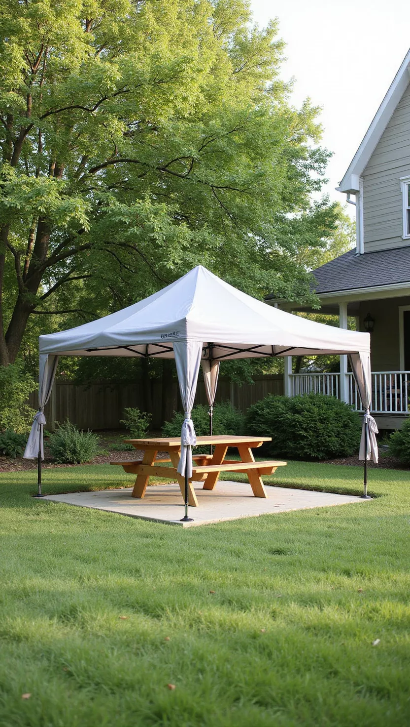 A photo of a typical American home's garden featuring a portable pop-up canopy tent set up over a picnic area, with a simple frame and fabric top providing temporary shade