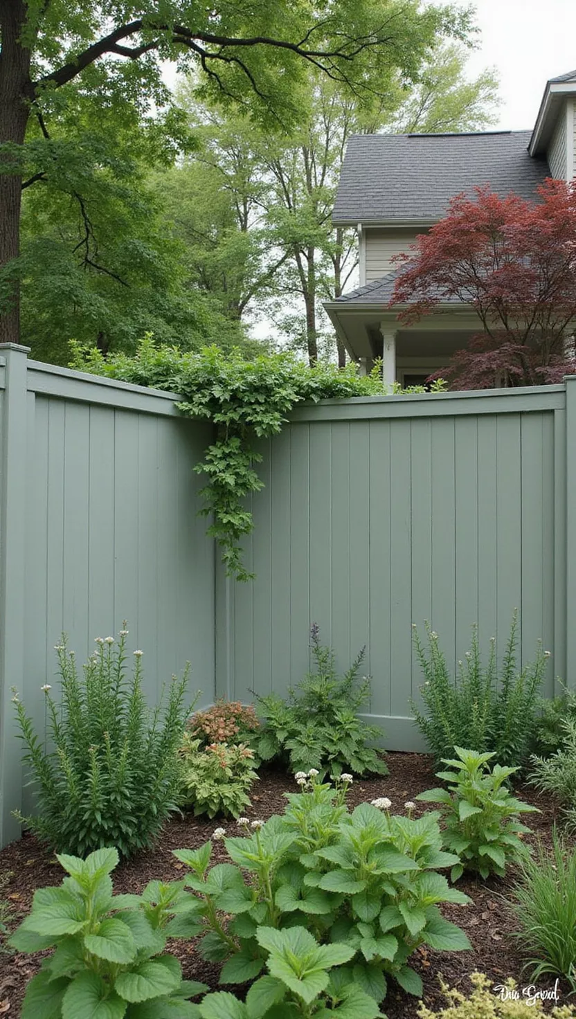 A photo of a typical American home's garden featuring a fence painted in muted sage green that blends harmoniously with surrounding foliage and herb garden plantings.