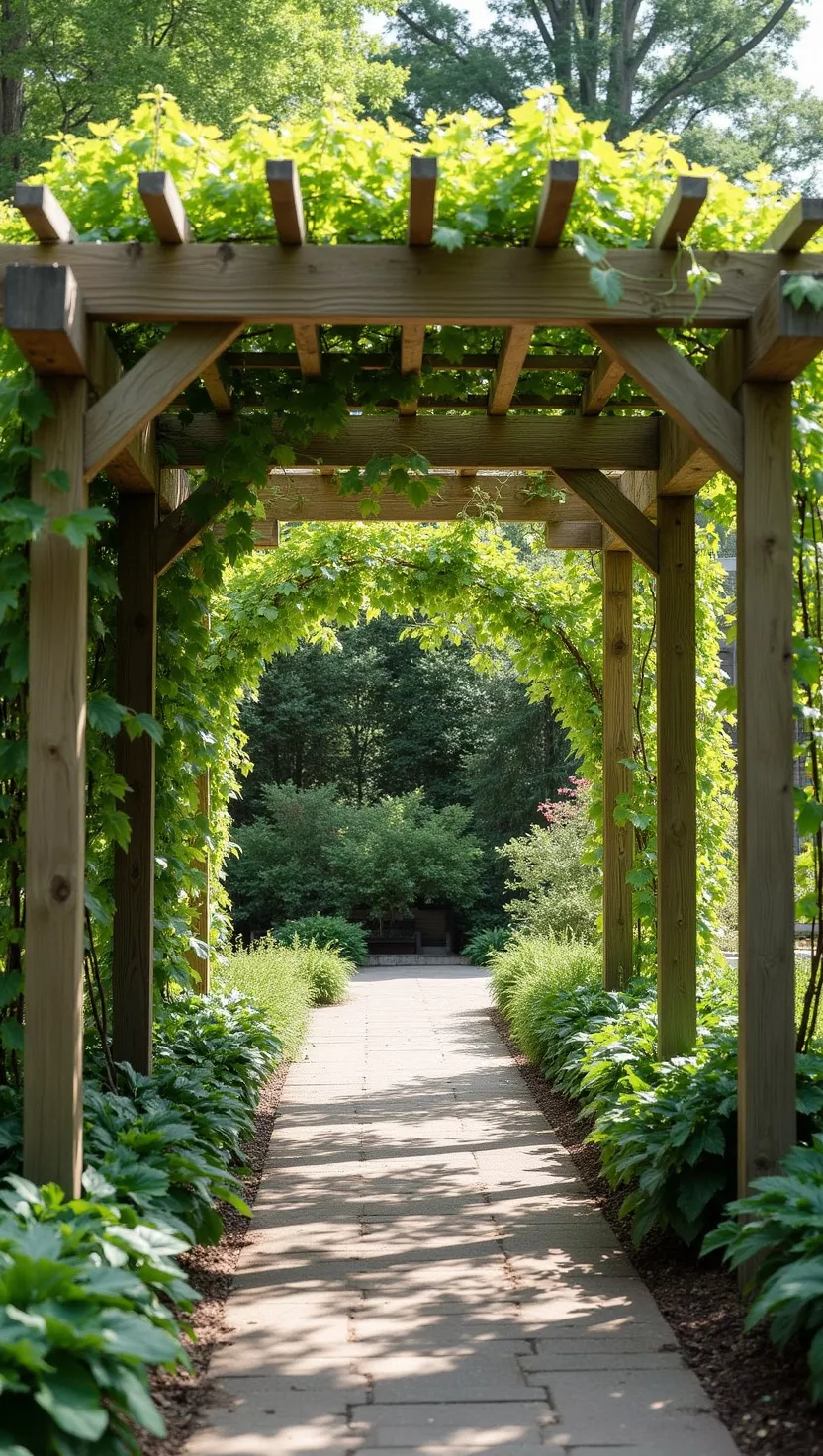 A photo of a typical American home's garden featuring a wide pergola-style arch with horizontal slats on top and grapevines creating natural shade underneath.