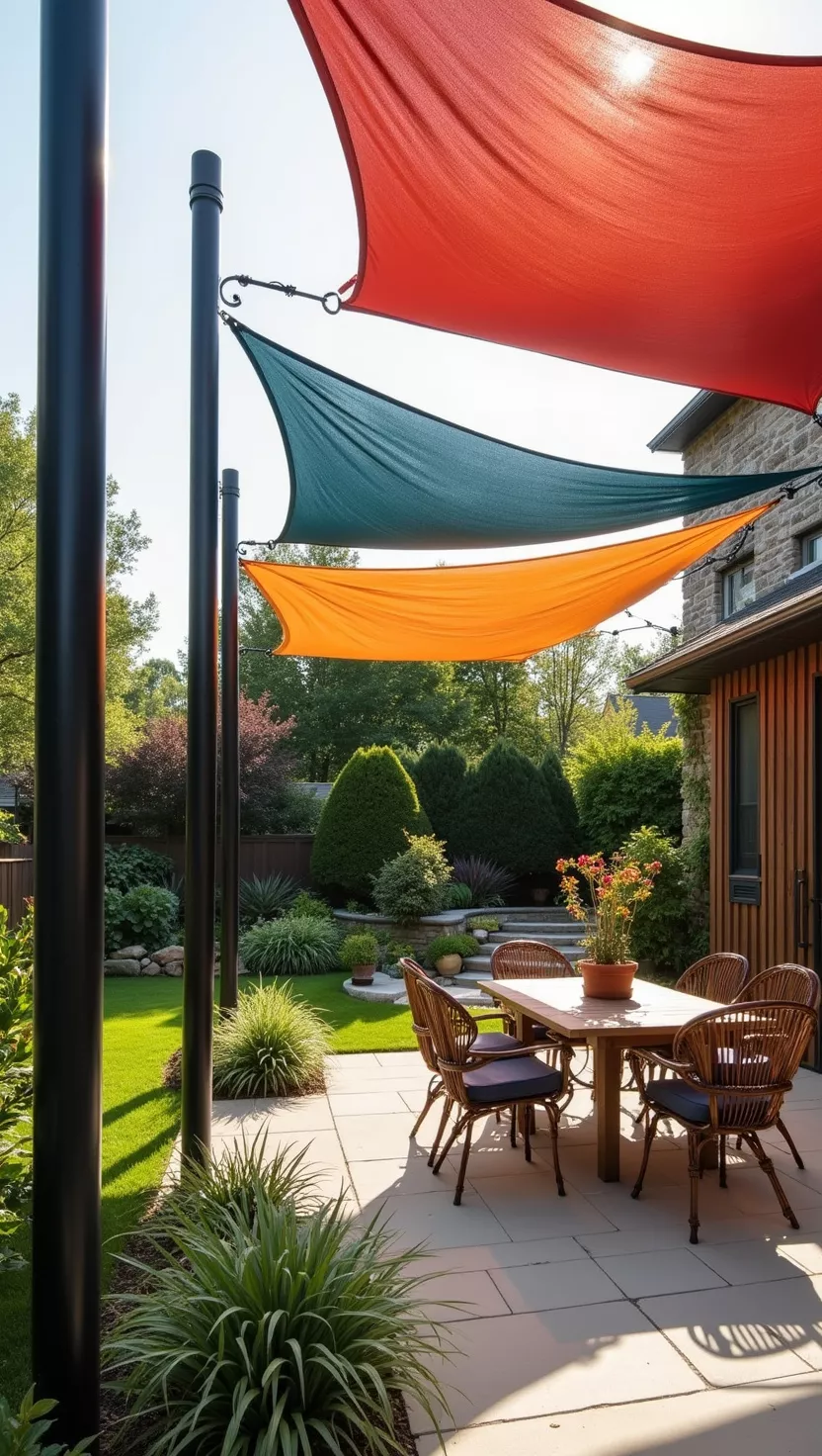 A photo of a typical American home's garden showing colorful fabric panels suspended between posts, creating artistic shade coverage over an outdoor seating area