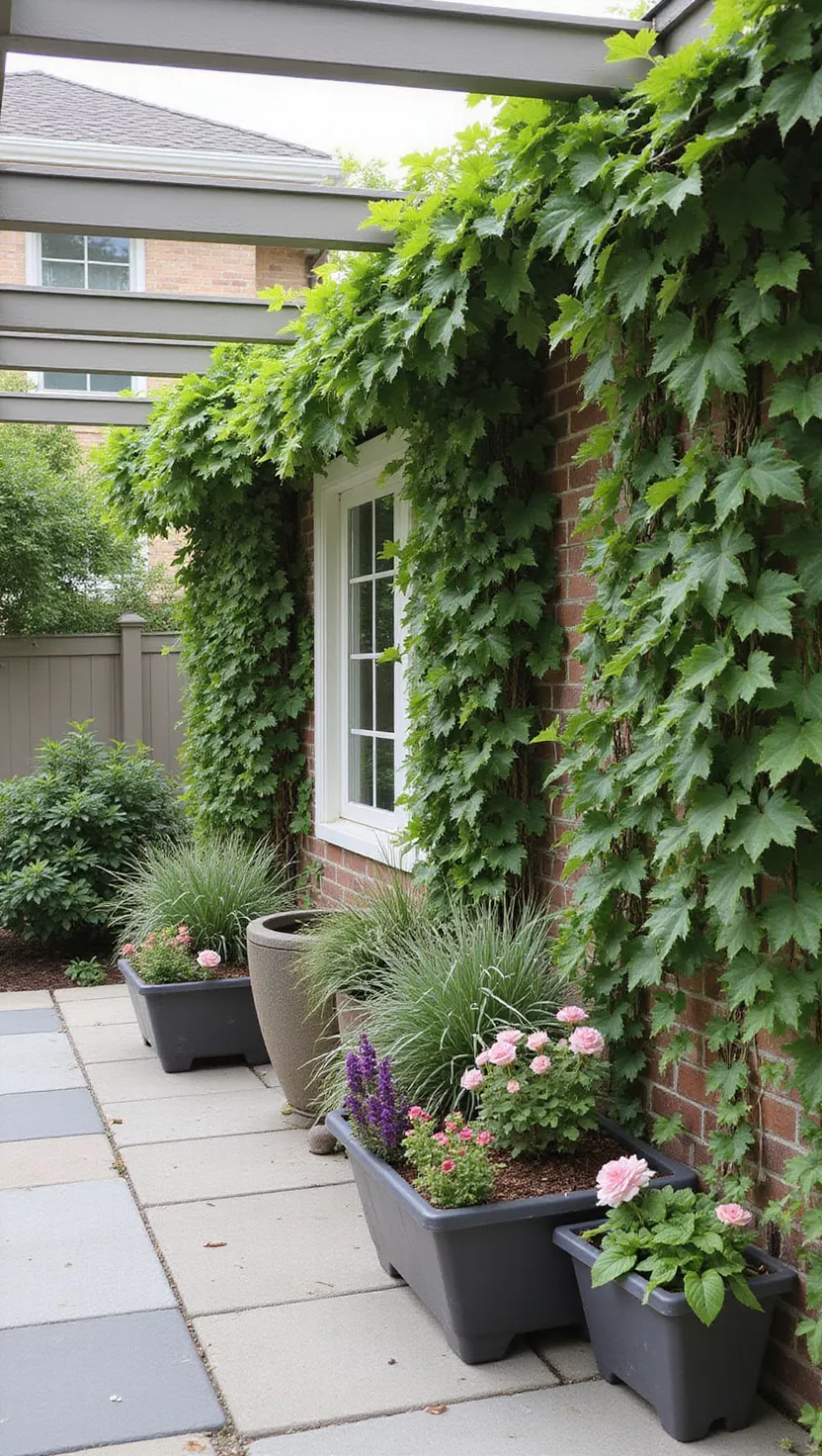 A photo of a typical American home’s garden patio wall covered in modular planters filled with trailing ivy and flowers under roof protection
