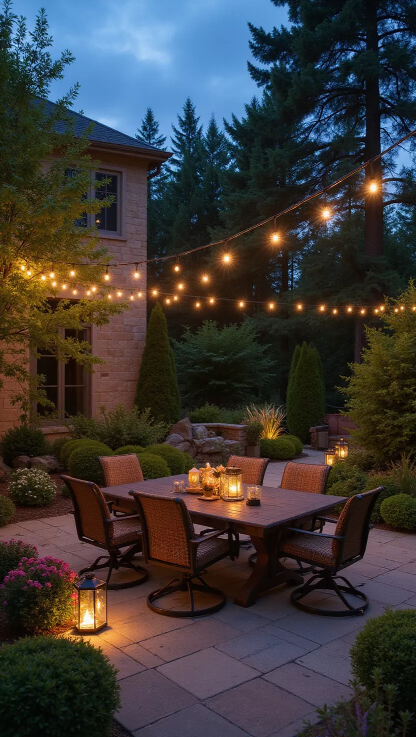 A photo of a typical American home's garden showing an outdoor dining table with chairs surrounded by string lights, lanterns, and softly lit landscaping during twilight hours