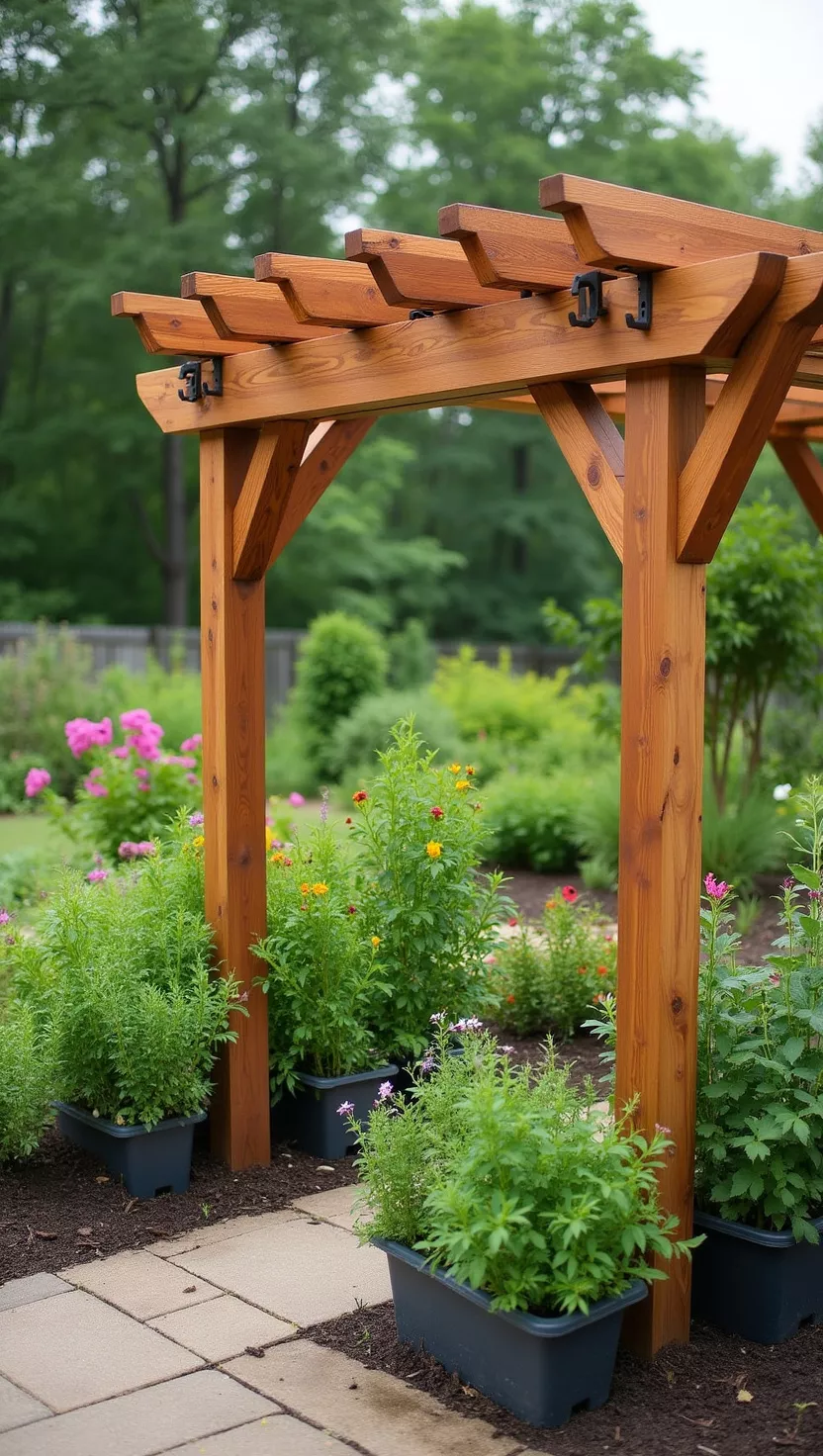 A photo of a typical American home's garden featuring a wooden pergola with various herb plants growing in containers and raised beds around the base, creating an aromatic garden space.