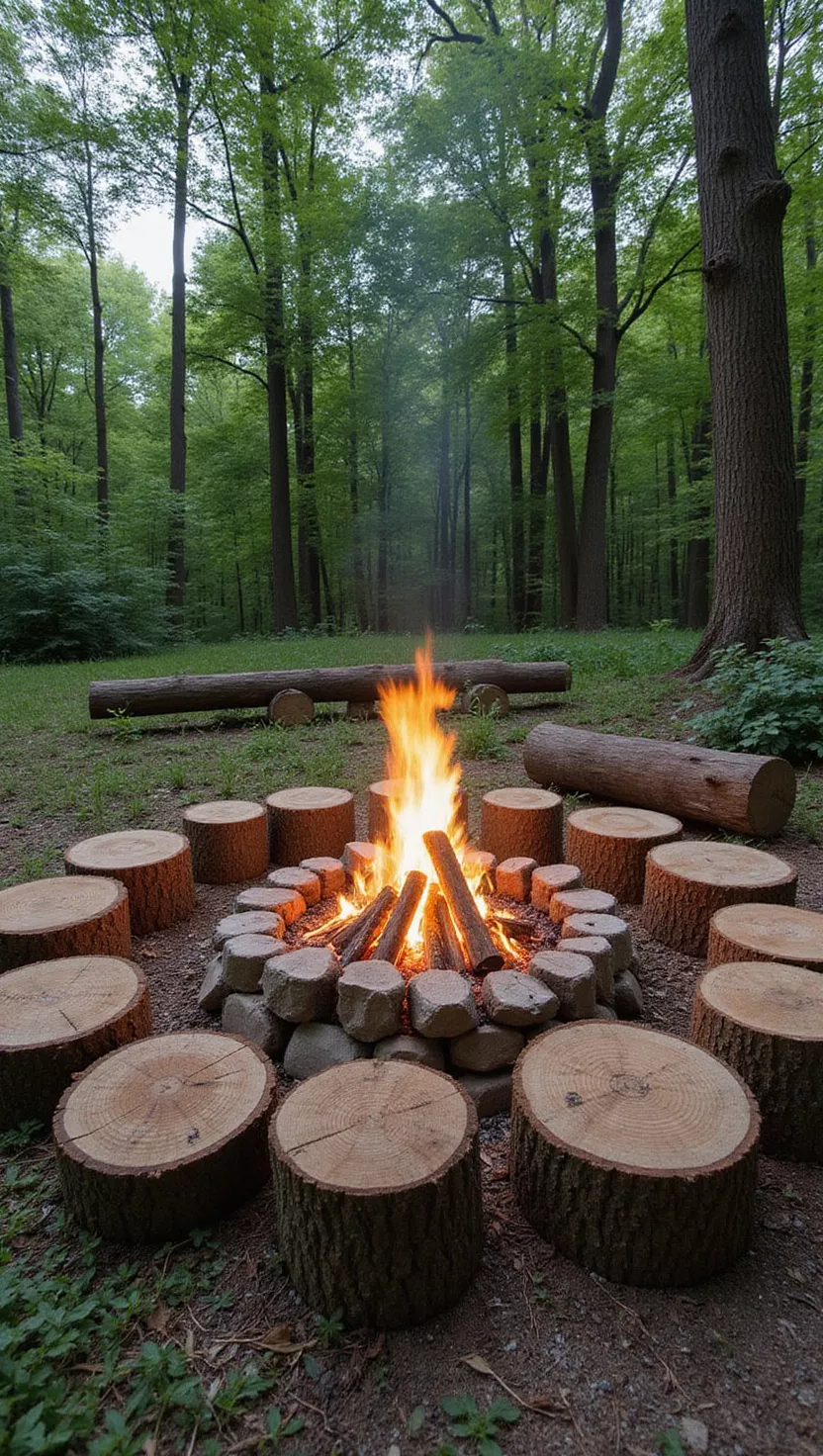 A photo of a typical American home's garden showing a fire pit surrounded by cut log sections used as seating, with flames in a central fire ring and forest elements nearby