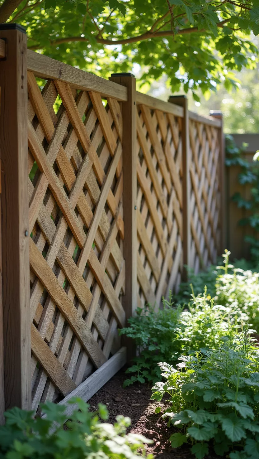 A photo of a typical American home's garden displaying wooden lattice panels with diagonal crossing patterns, showing natural wood finish and rustic construction details