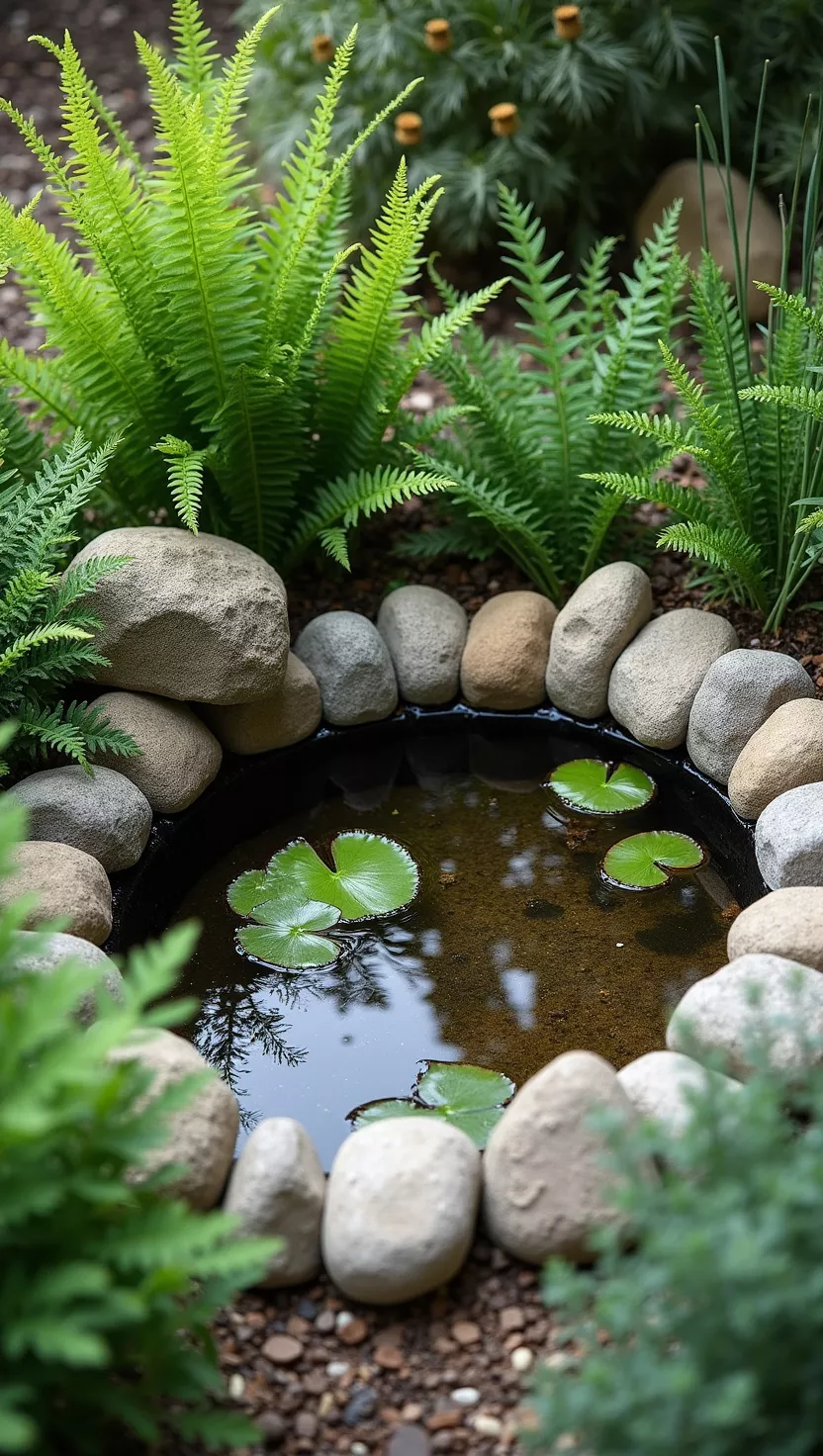 A photo of a typical American home’s garden with a round pre-formed plastic pond nestled among ferns and rocks, filled with clear water and floating water lily pads.