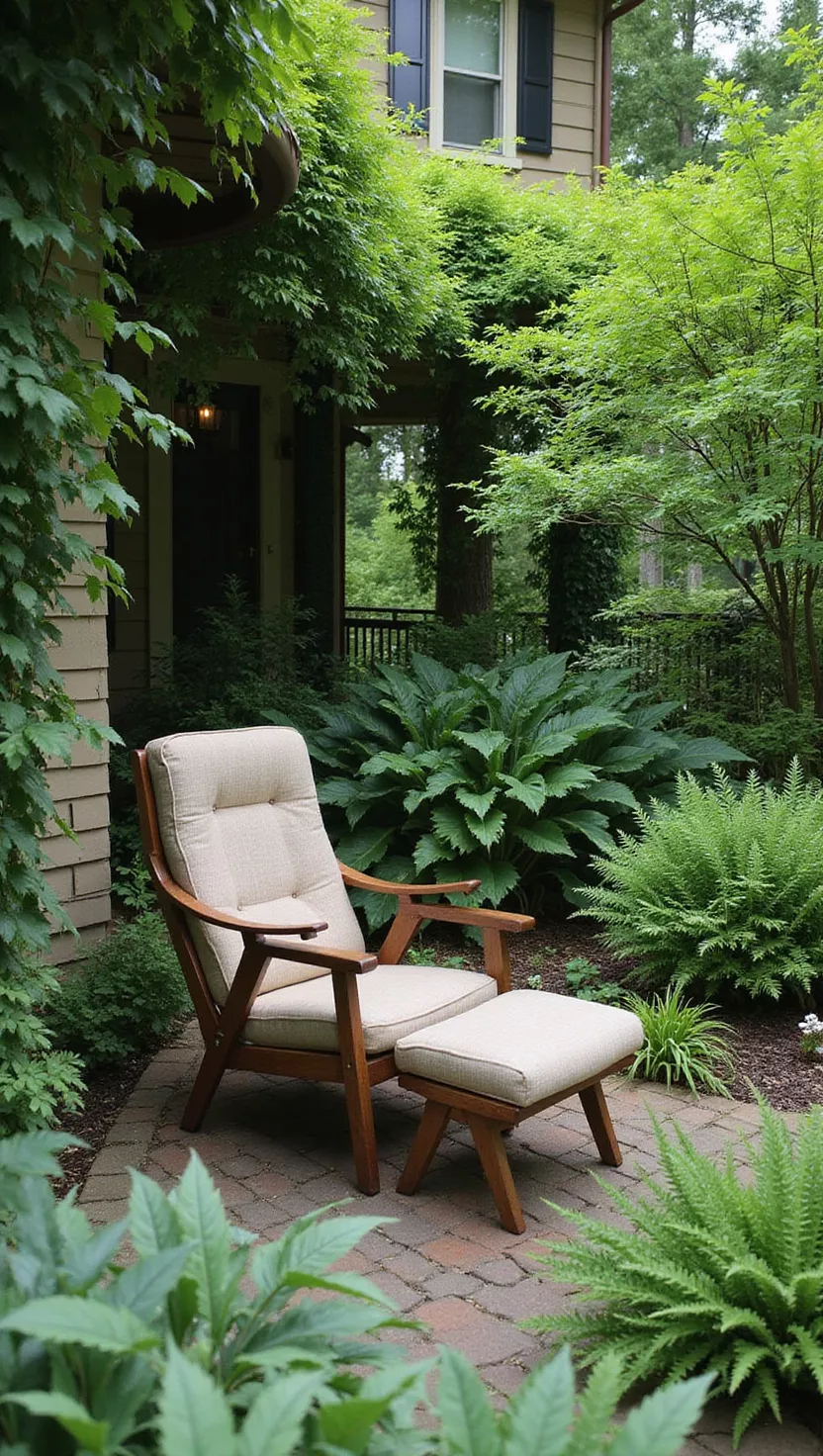 A photo of a typical American home's garden showing a cozy chair positioned in a shaded area with hostas, ferns, and other shade plants creating a lush green backdrop