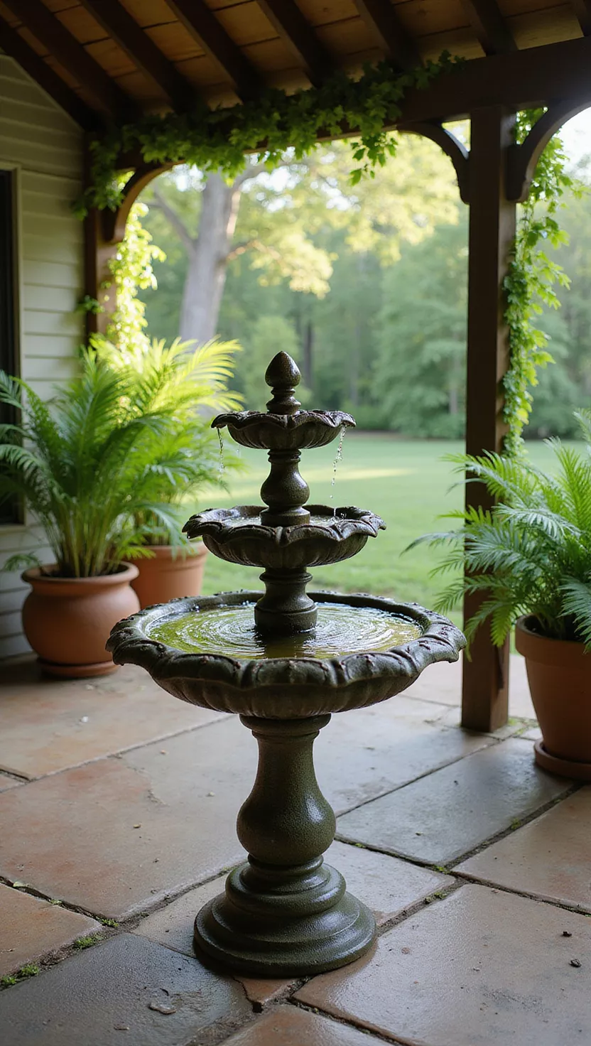 A close-up photo of a typical American home’s garden patio with a tabletop fountain bubbling softly under roof cover, surrounded by potted ferns