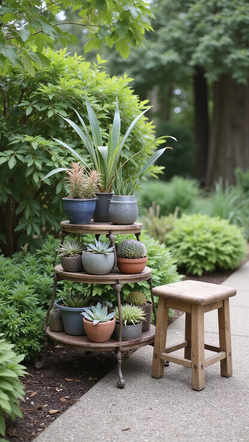 A photo of a typical American home's garden showing a collection of various succulents arranged in decorative containers on a tiered plant stand with a small stool nearby