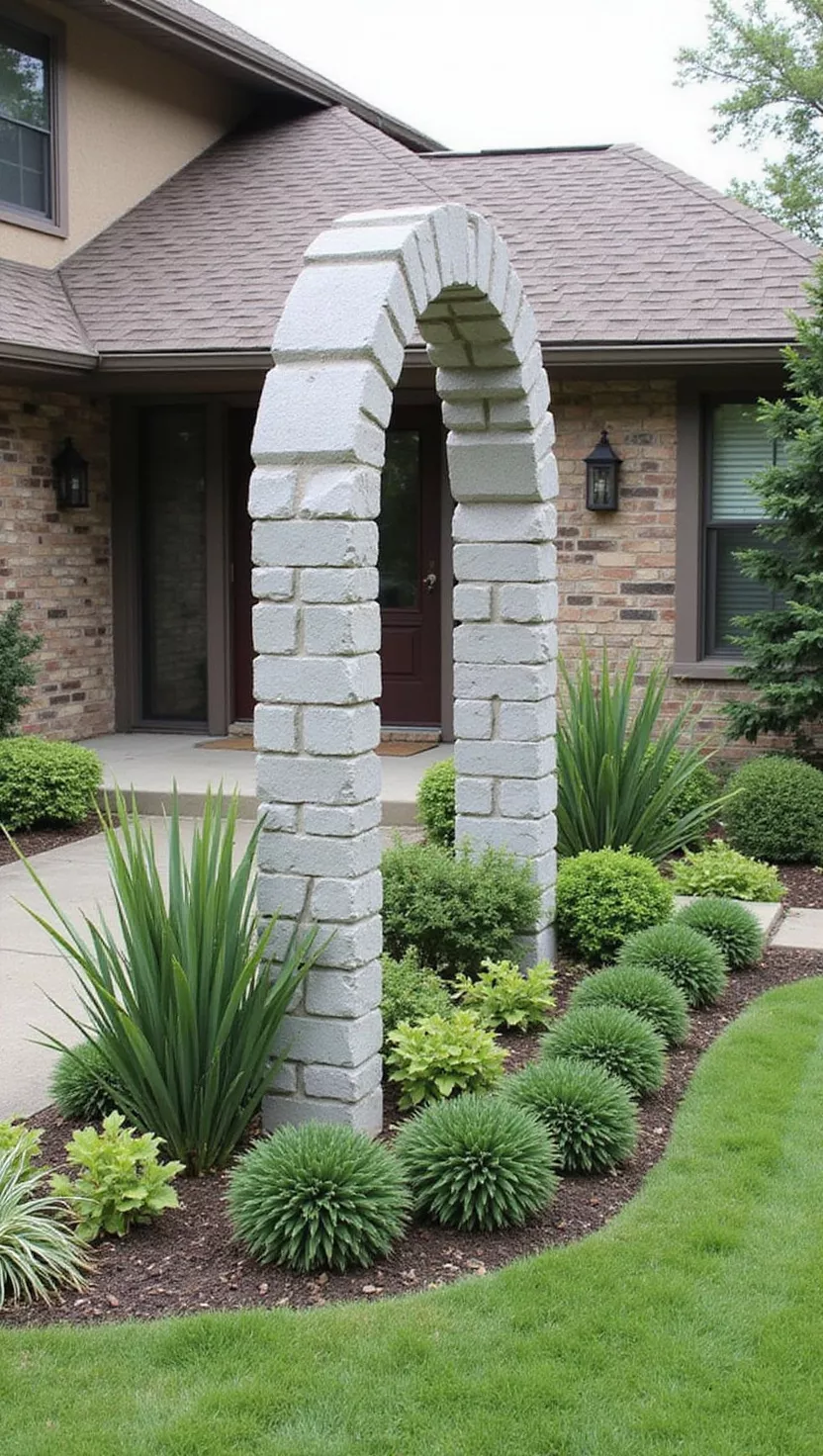 A photo of a typical American home's garden displaying a contemporary arch made from stacked concrete blocks with modern sculptural plants growing alongside.