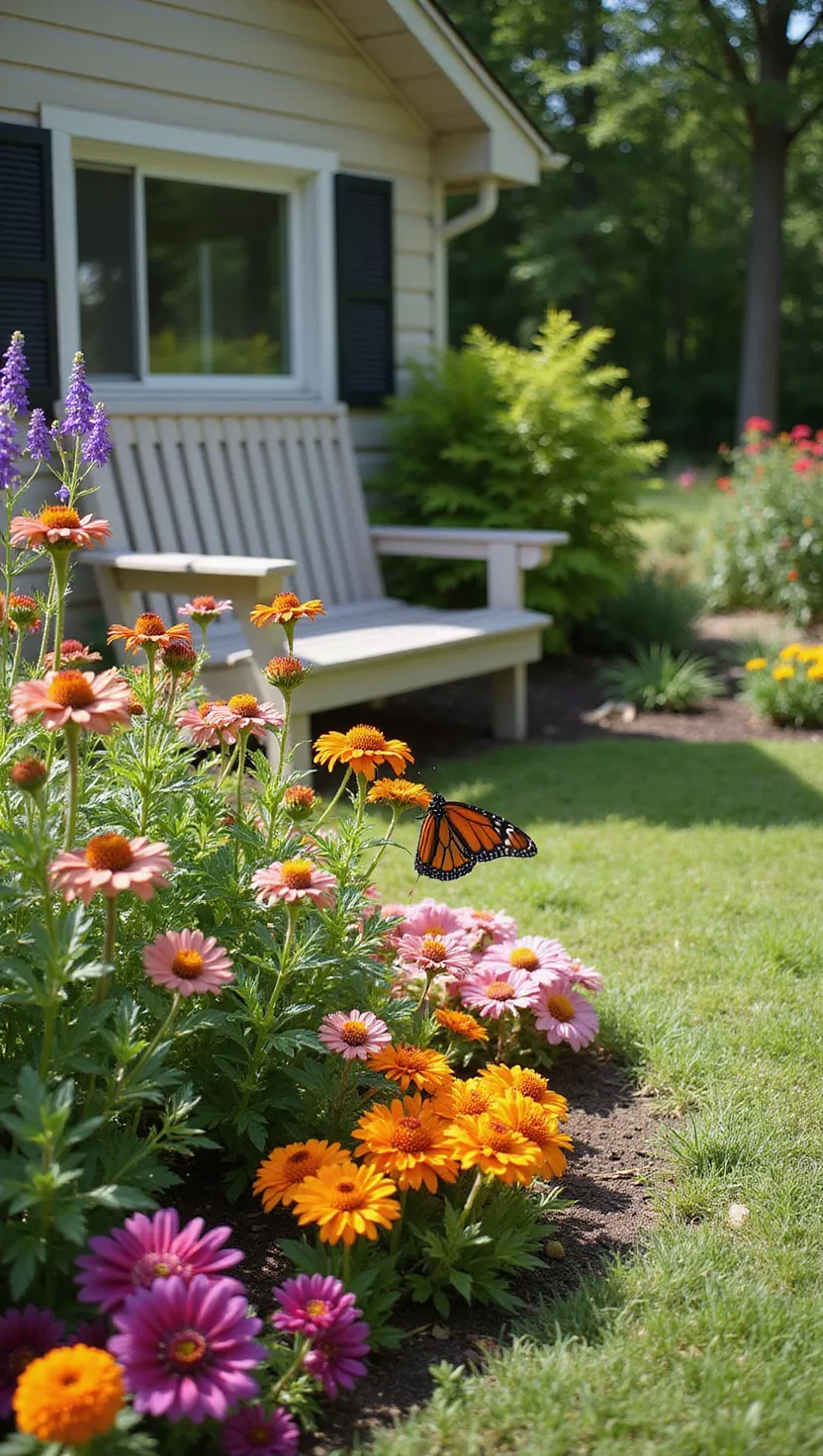 A photo of a typical American home's garden showing a bench positioned near colorful butterfly-attracting flowers like coneflowers, zinnias, and marigolds with butterflies visiting the blooms