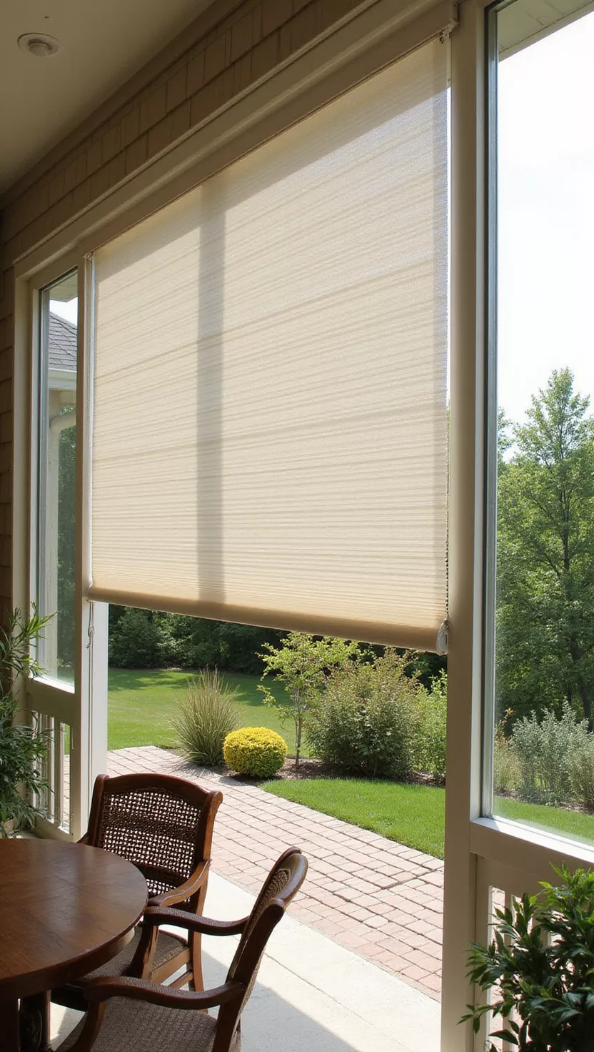 A photo of a typical American home's garden displaying outdoor blinds installed on a patio or deck, with adjustable slats providing controllable shade coverage