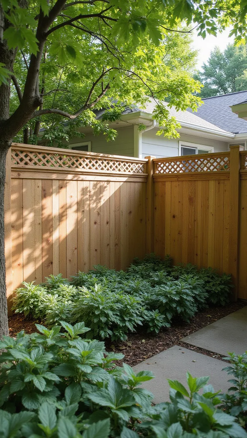 A photo of a typical American home's garden featuring a shadowbox wooden fence with alternating board placement creating a geometric pattern, with dappled sunlight filtering through.
