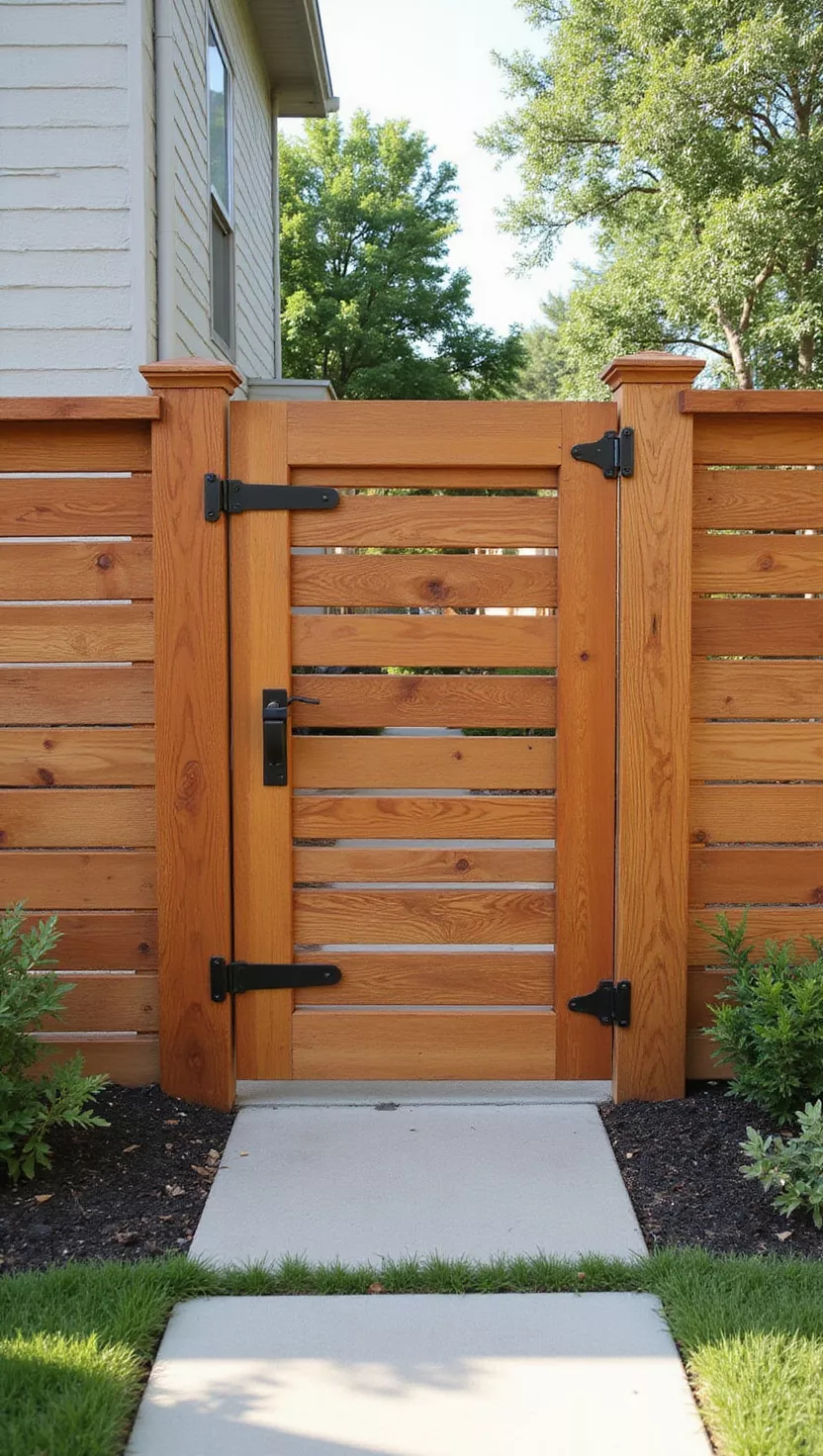 A photo of a typical American home's garden displaying a contemporary horizontal wood slat gate with clean lines, minimal gaps between boards, and sleek black hardware mounted on matching fence panels.