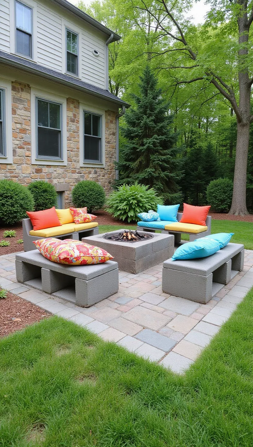 A photo of a typical American home's garden showing concrete blocks arranged as benches with colorful outdoor cushions on top, positioned around a simple fire pit.