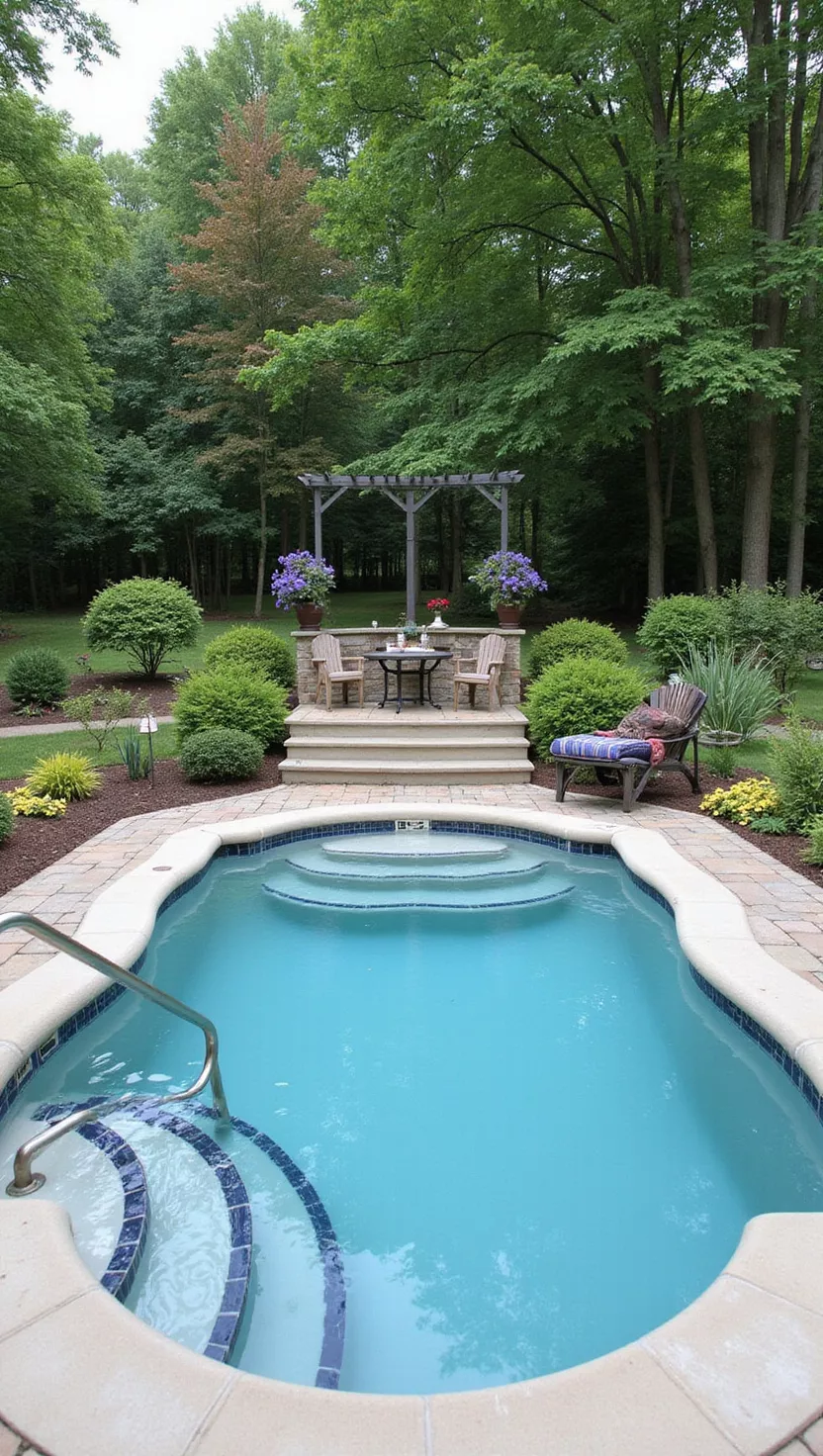 Therapy Pool Wellness A photo of a typical American home's garden featuring a small therapeutic pool with handrails, bench seating, and easy-access steps designed for relaxation and gentle exercise