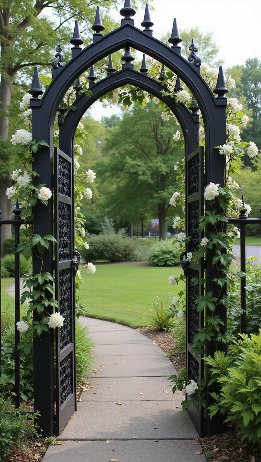A photo of a typical American home's garden featuring an ornate black iron archway with pointed Gothic details and white jasmine vines growing through the metalwork.