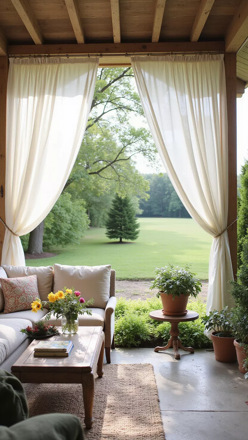 A photo of a typical American home’s garden featuring sheer white curtains hanging from a patio roof frame, partially enclosing a lounge area with coffee table