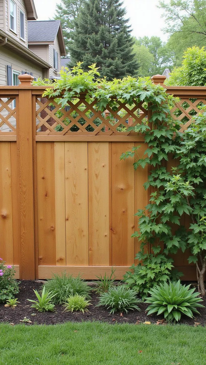 A photo of a typical American home's garden featuring a wooden fence with solid lower panels and decorative diamond-pattern lattice work on the upper portion, with climbing vines.