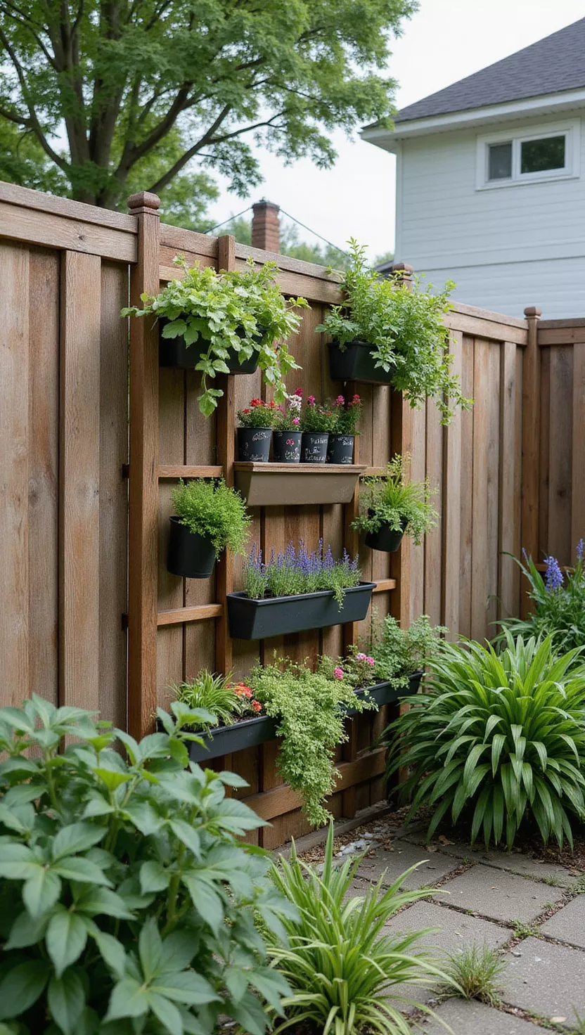 A photo of a typical American home's garden showing a wooden fence with multiple tiers of planters and hanging plants creating a vertical garden wall effect