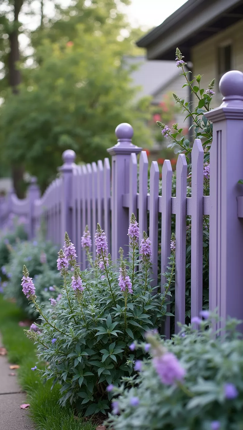 A photo of a typical American home's garden featuring a fence painted in gentle lavender purple with complementary purple flowers and silver-leafed plants creating a romantic garden setting.