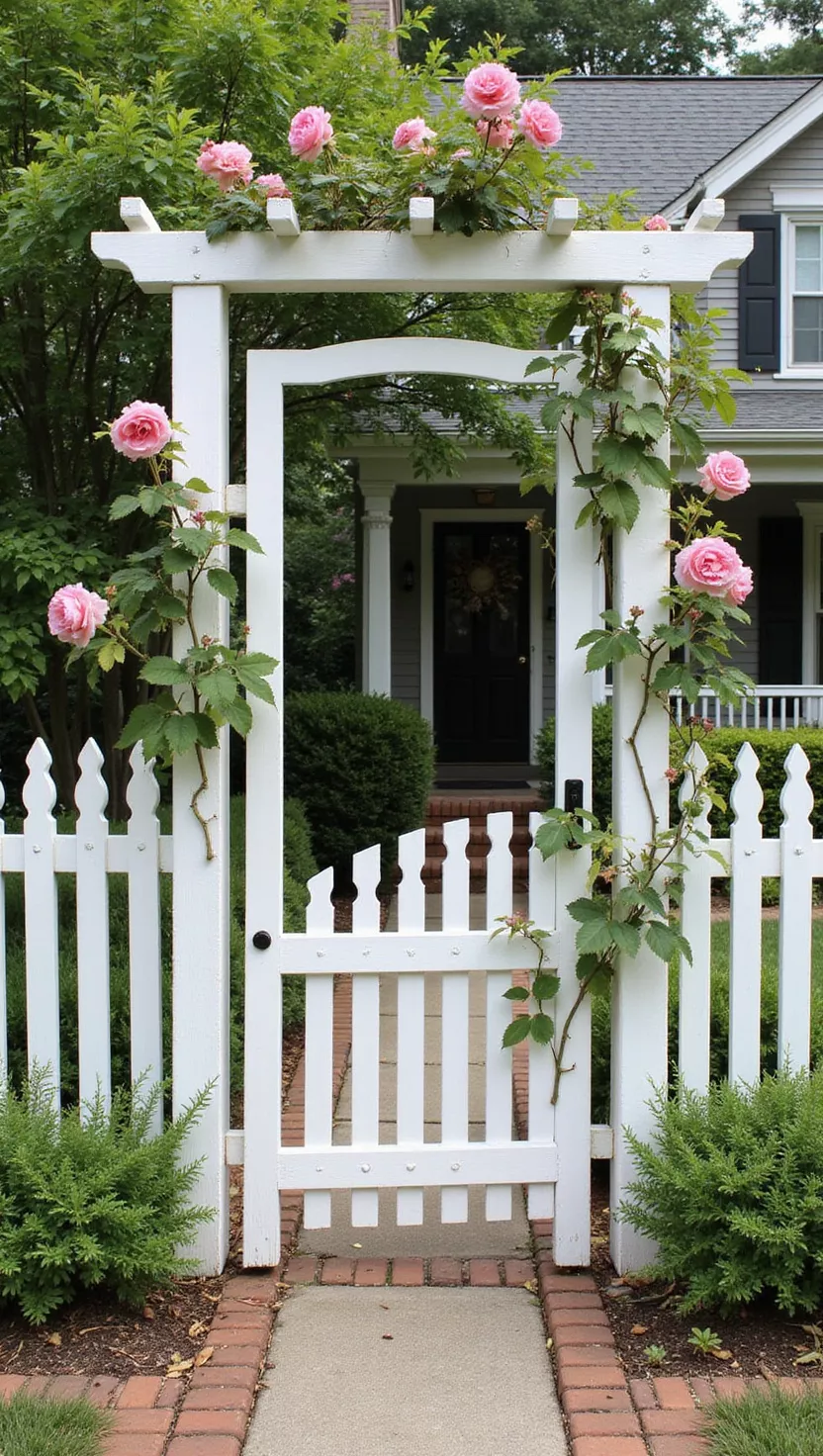 A photo of a typical American home's garden showing a white painted wooden arch with picket fence styling and pink climbing roses growing up both sides.