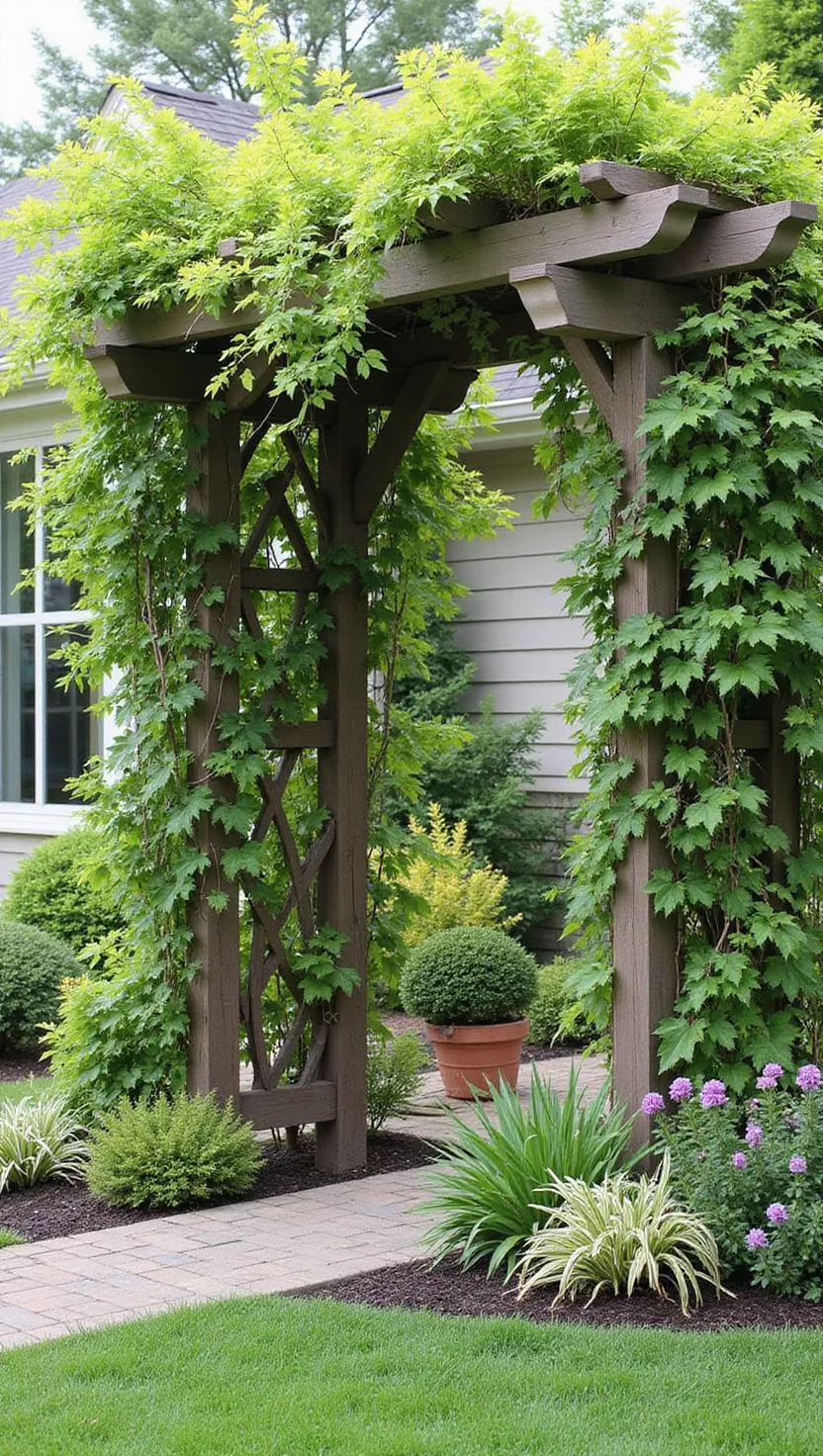 A photo of a typical American home's garden showing an arbor designed with plants that provide year-round interest, including evergreen vines, colorful branches, and seasonal flowers in a mixed planting scheme.
