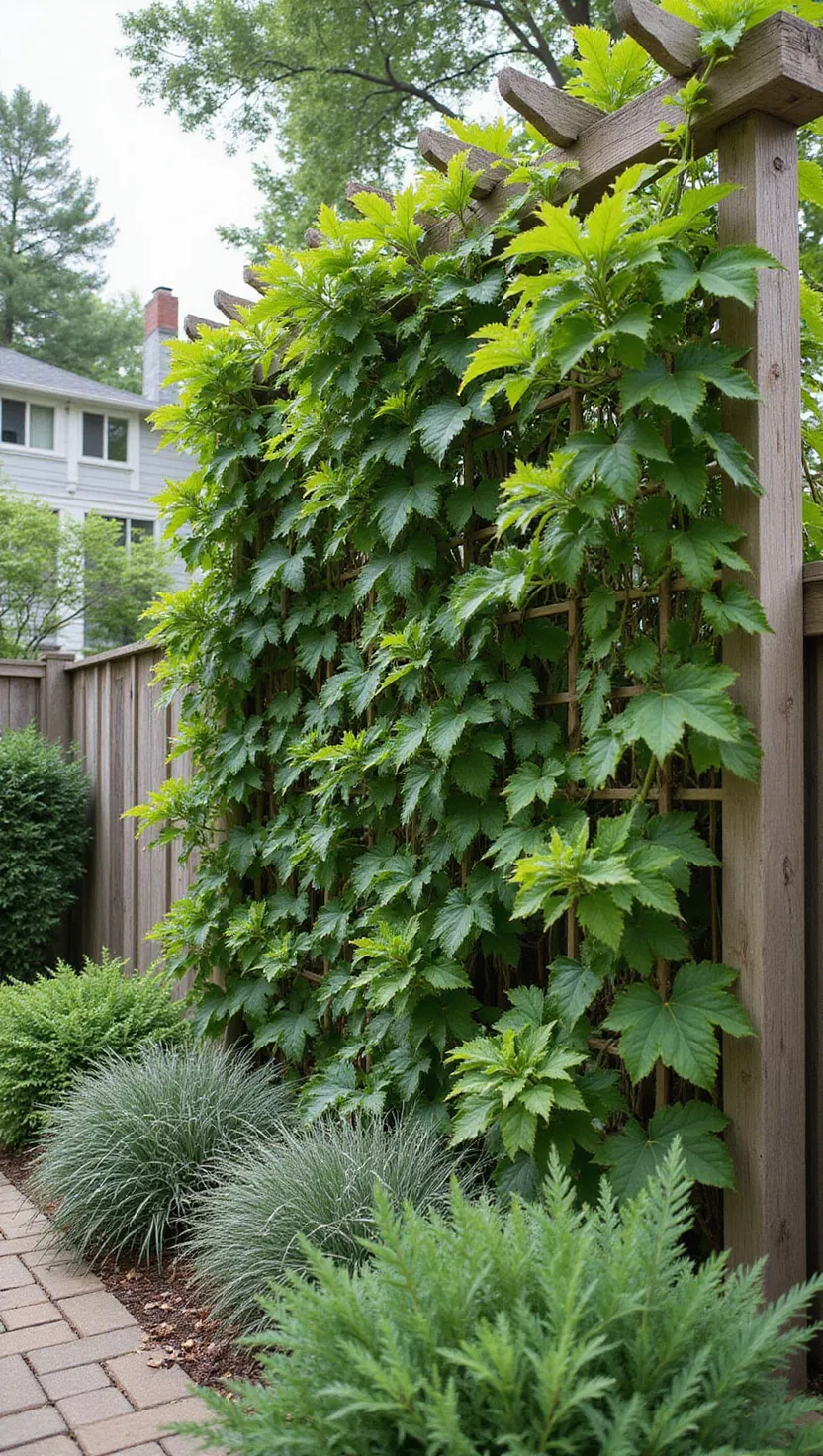 A photo of a typical American home's garden showing a vertical trellis structure covered with climbing plants creating a green living wall that provides natural shade and privacy