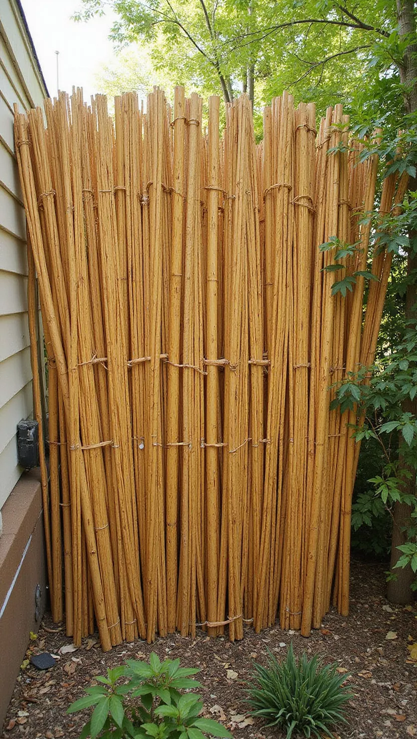 A photo of a typical American home's garden displaying natural bamboo reeds bundled together as screening, creating vertical lines with warm golden tones