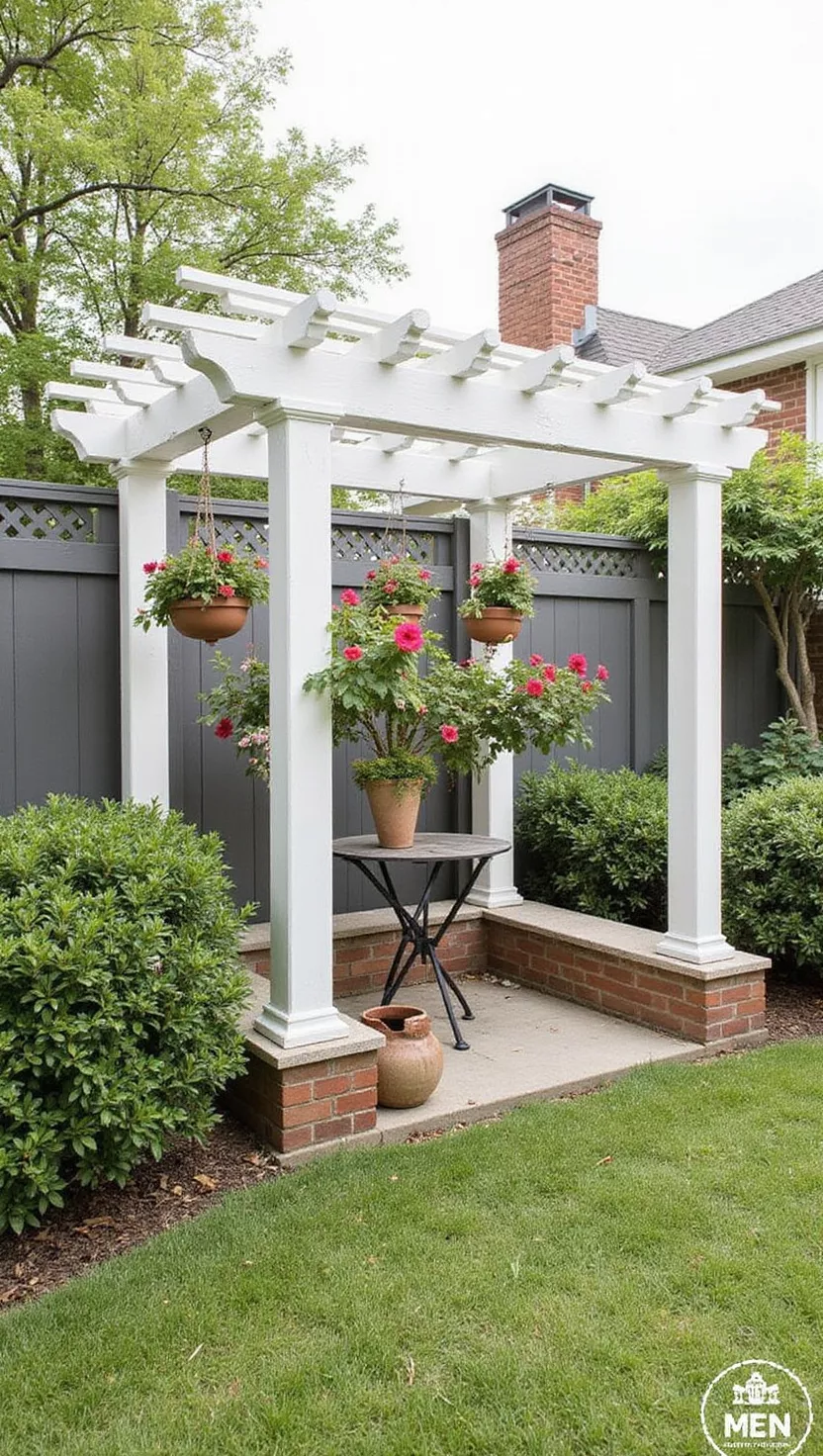 A photo of a typical American home's garden showing a compact corner pergola with white painted wood, surrounded by potted plants and a small bistro table set beneath it.