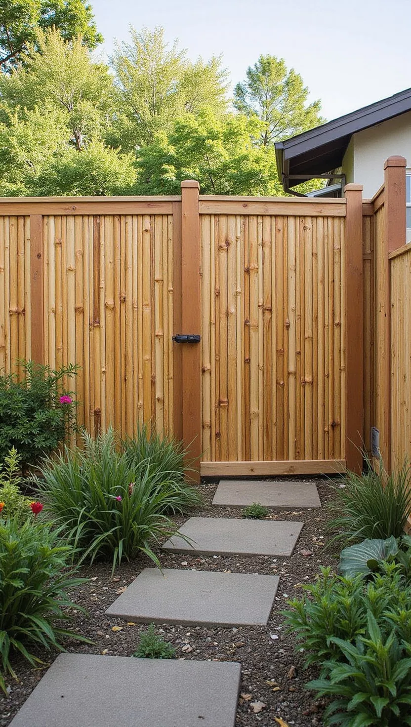 A photo of a typical American home's garden showing wooden fence panels designed to mimic bamboo appearance, with vertical slats and natural wood tones in an Asian-inspired setting.