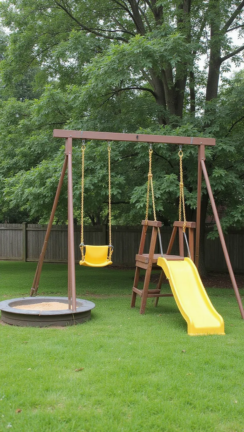 A photo of a typical American home’s garden showing a metal A-frame swing set with two yellow swings and a slide, set on green grass near a sandbox.