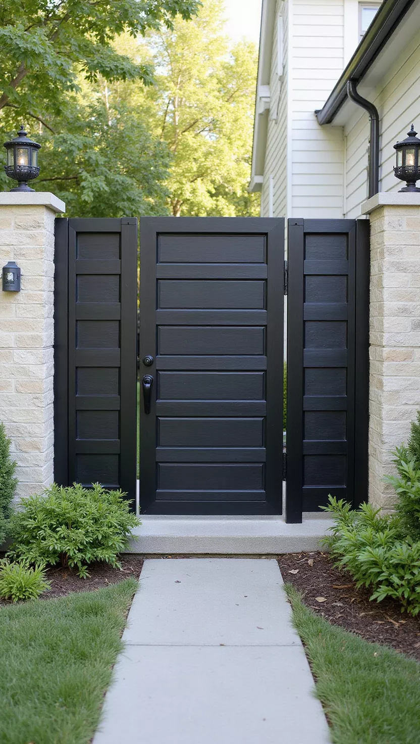 A photo of a typical American home's garden showing a sleek aluminum gate with clean geometric lines, powder-coated finish, and modern design elements