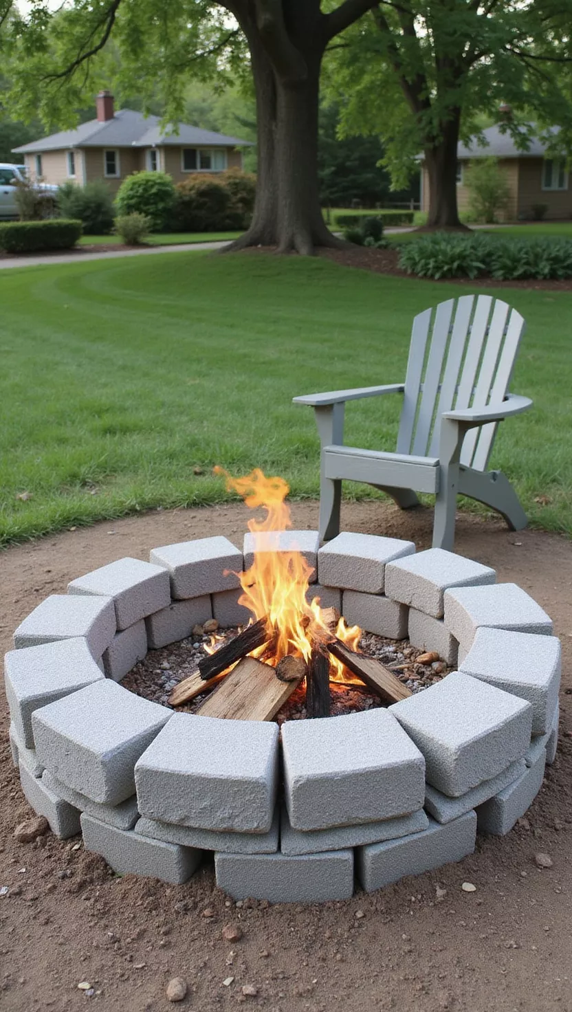 A photo of a typical American home's garden showing a simple concrete block fire pit with gray blocks stacked in a circle, wood fire burning inside, built on bare earth
