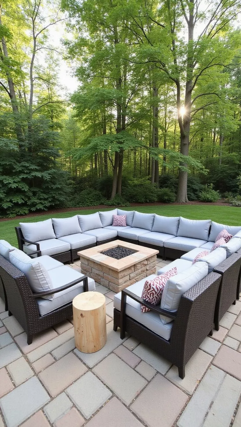 A photo of a typical American home's garden featuring weather-resistant sectional sofas with thick cushions arranged in an L-shape around a modern fire pit.