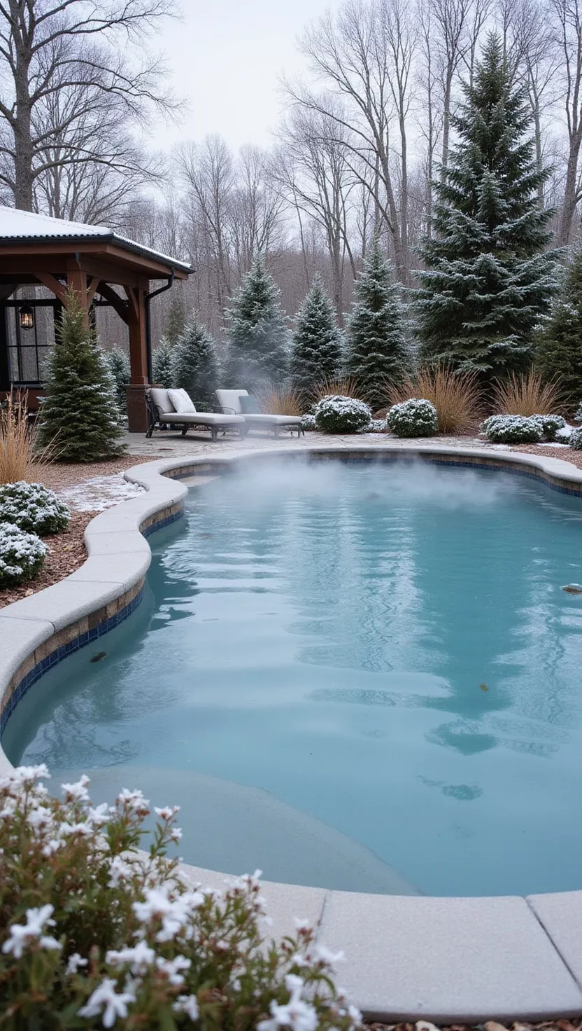 Year Round Pool Joy A photo of a typical American home's garden showing a heated pool with steam rising from the water, surrounded by winter-hardy plants and covered seating areas for cold weather use