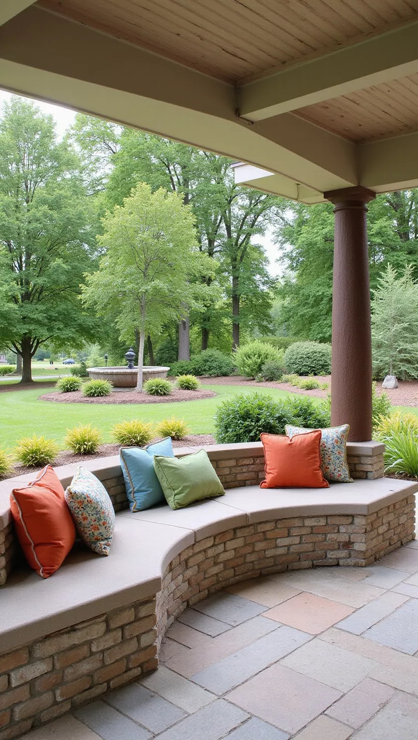 A photo of a typical American home’s garden with a curved built-in bench under a patio, topped with colorful cushions, facing a central planter