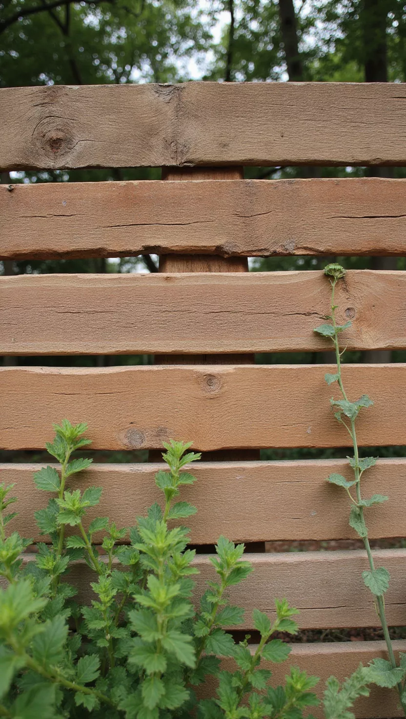 A photo of a typical American home's garden showing horizontal wooden slats with natural gaps between them, displaying rustic wood grain and weathered brown finish