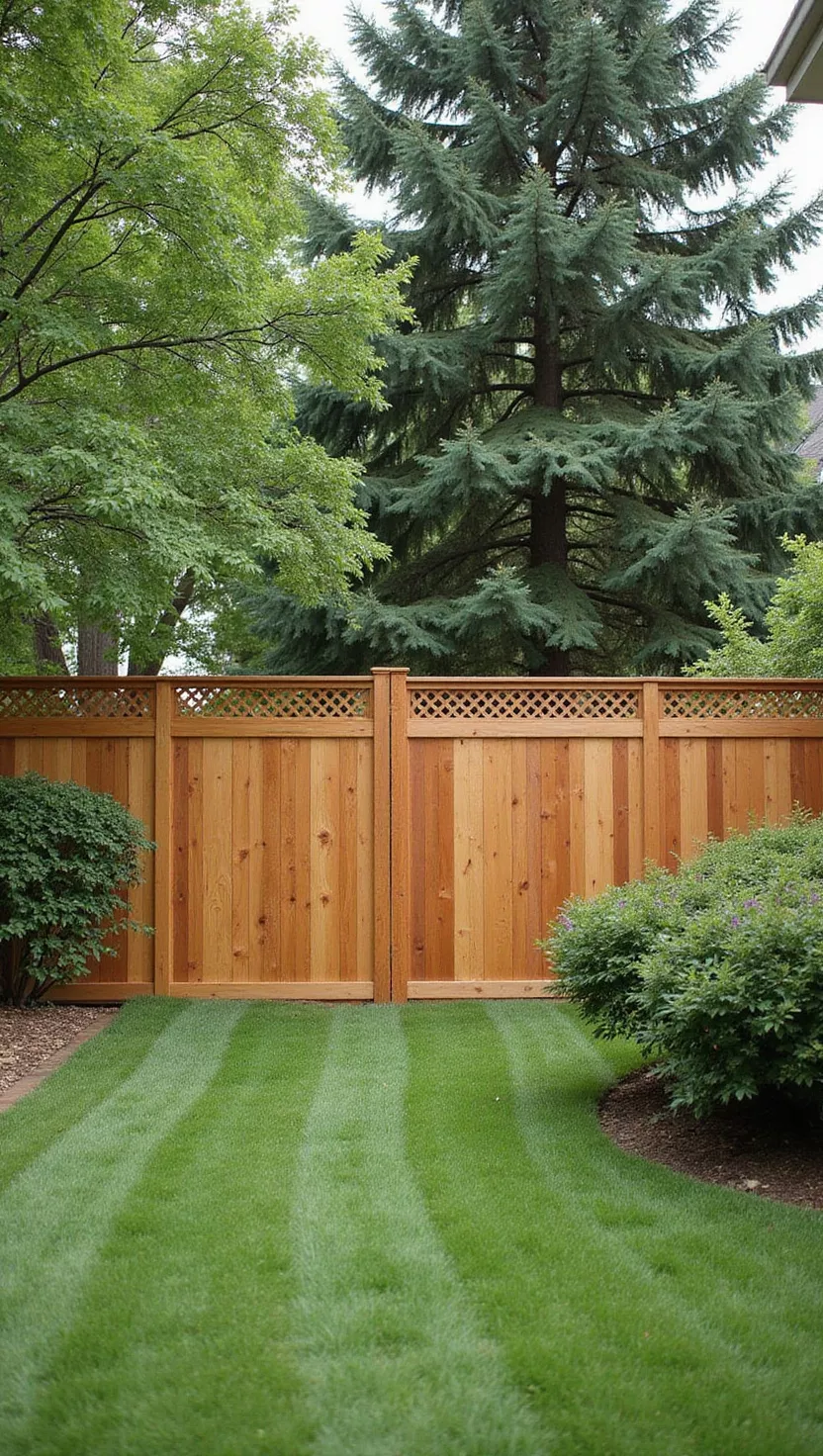 A photo of a typical American home's garden displaying a tall solid wooden privacy fence with no gaps, surrounded by mature trees and shrubs for complete seclusion.
