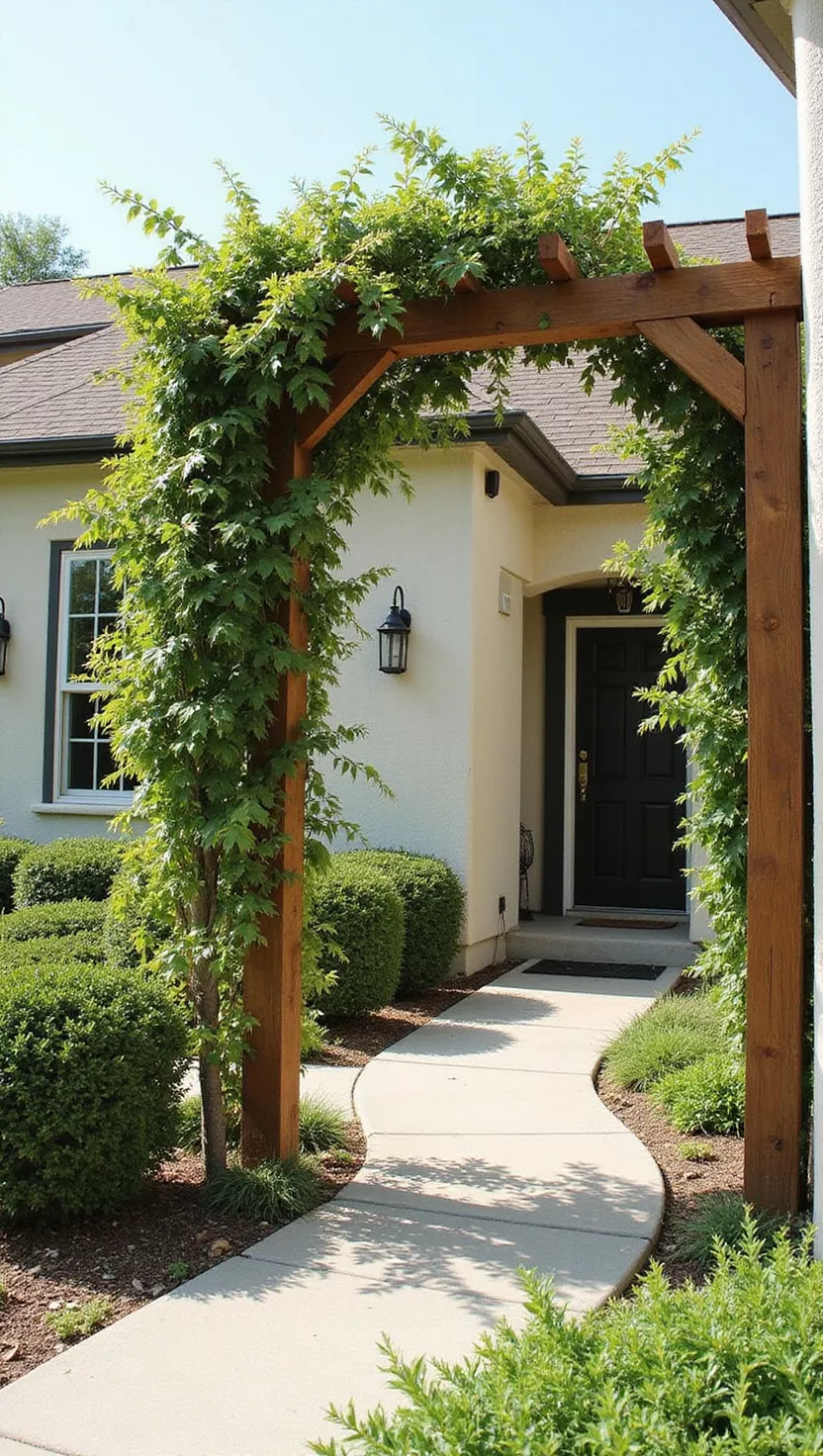 A photo of a typical American home's garden showing an arbor designed with low-maintenance plants and materials, featuring drought-tolerant vines and easy-care landscaping around the structure.