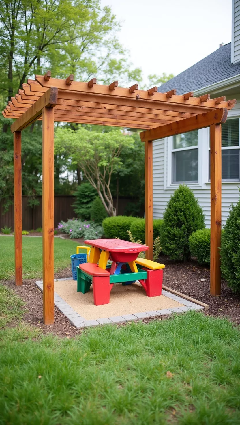 A photo of a typical American home's garden featuring a wooden pergola covering a children's play area with sandbox, small picnic table, and colorful outdoor toys underneath.