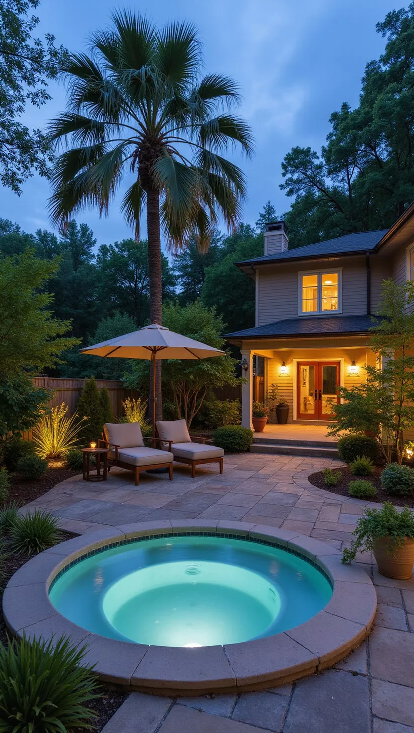 Cocktail Pool Charm A photo of a typical American home's garden with a small circular spa-style pool surrounded by tropical plants, outdoor seating, and decorative lighting for evening ambiance