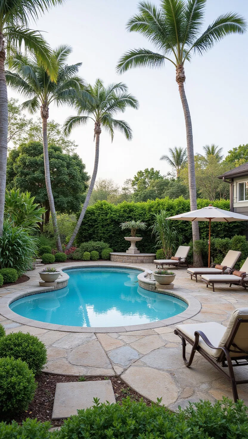Kidney Shaped Classic A photo of a typical American home's garden with a kidney-shaped pool surrounded by curved stone coping, lounge chairs, and tropical plants creating a resort-like atmosphere
