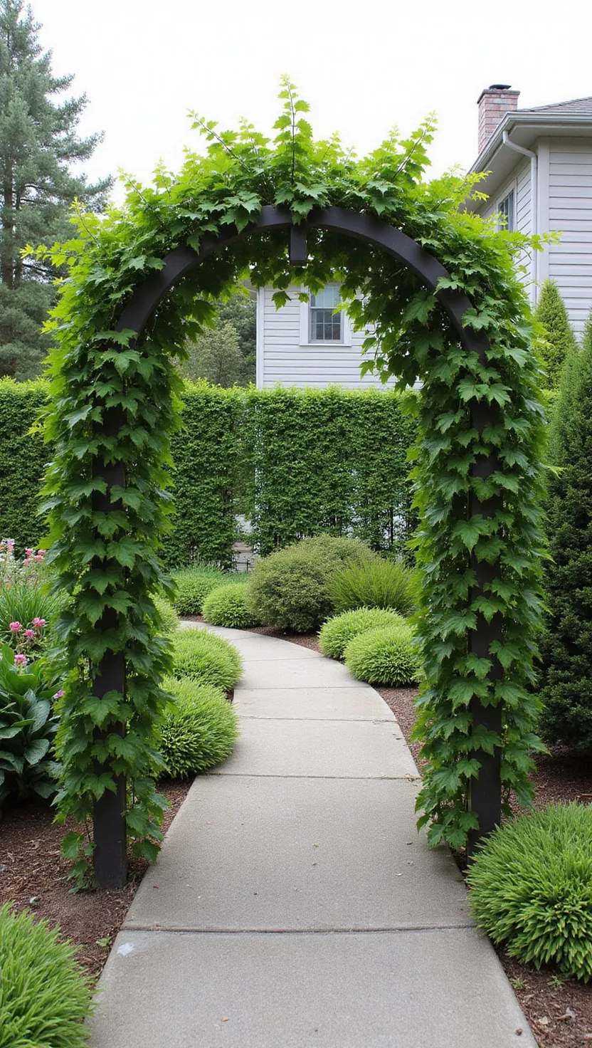 A photo of a typical American home's garden showing a wide arbor structure covered with dense climbing vines, positioned to create privacy screening between different areas of the garden or property.