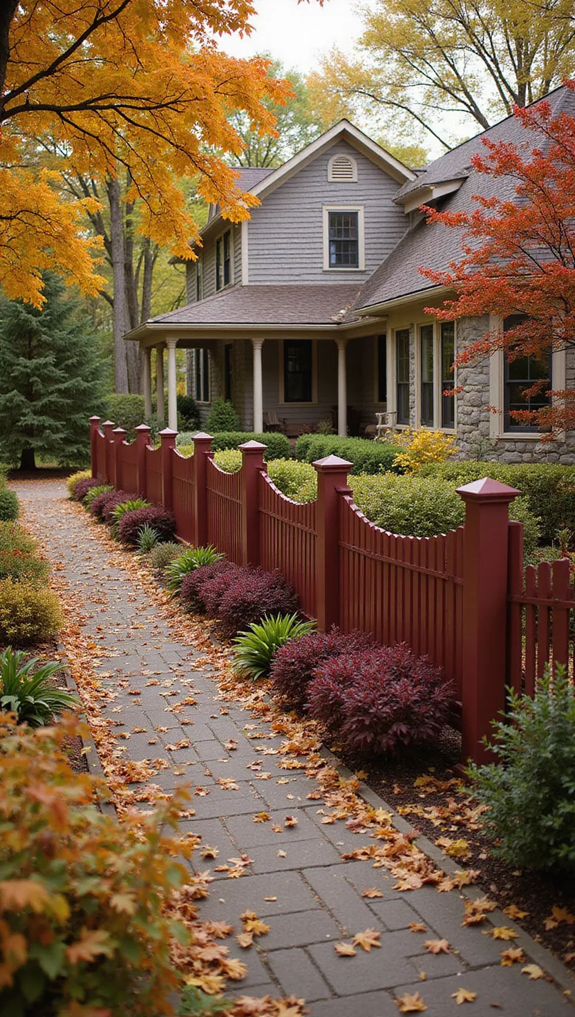 A photo of a typical American home's garden showing a fence painted in deep burgundy red with fall-colored plants and golden foliage creating an elegant autumn garden scene.