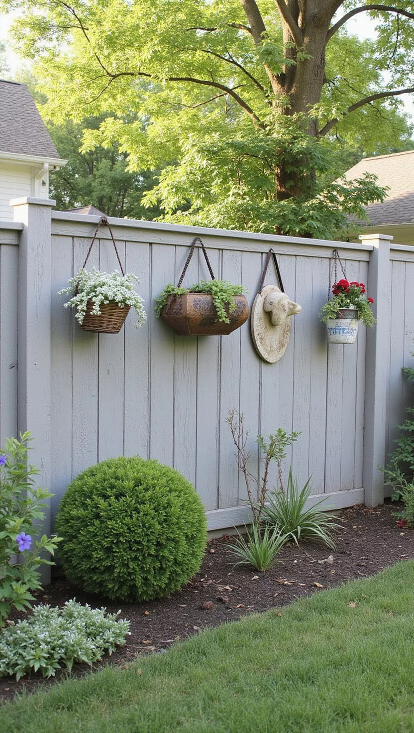 A photo of a typical American home's garden featuring a fence painted in soft weathered gray tones with cottage-style plants and vintage garden accessories creating rustic appeal.